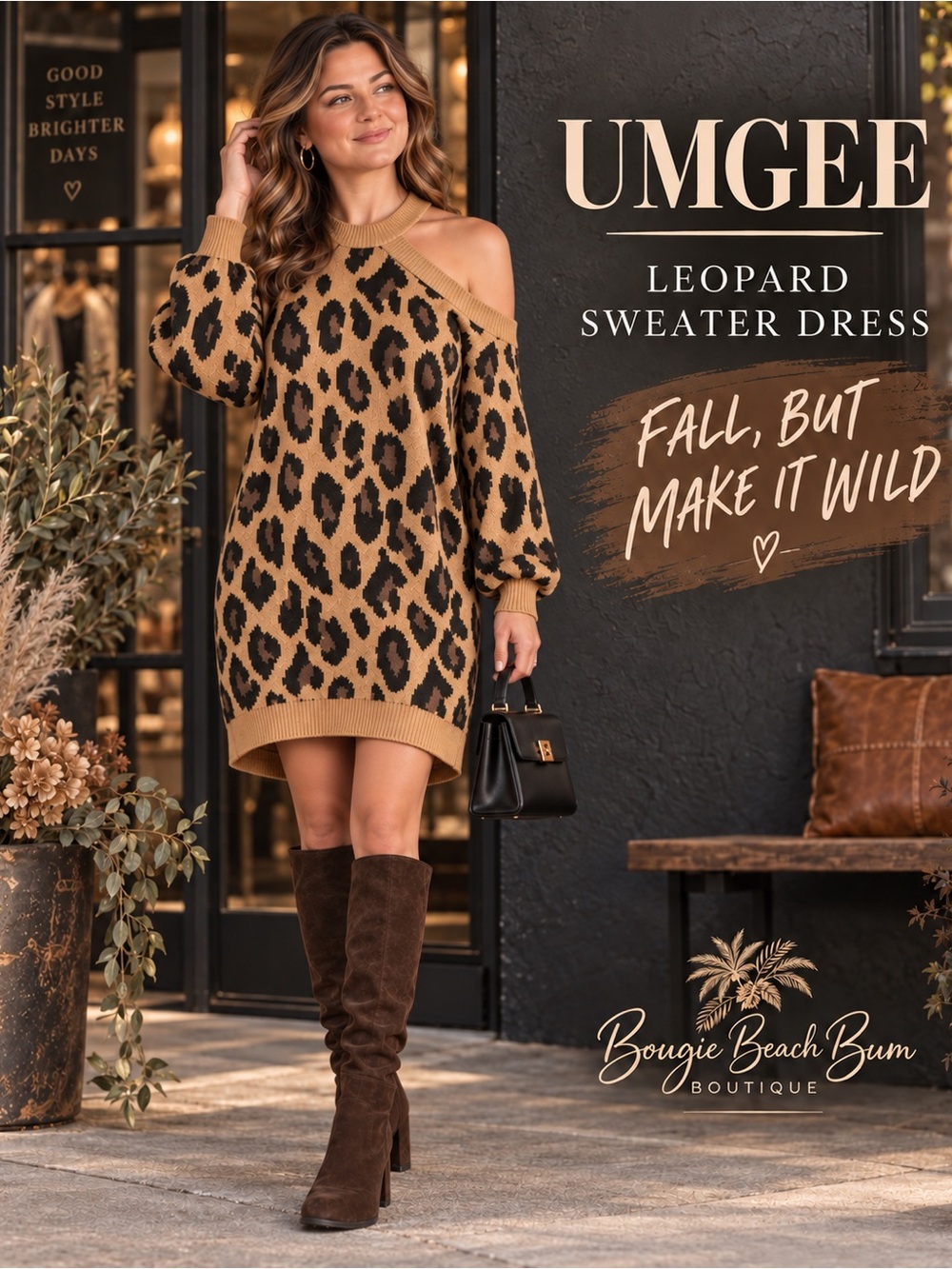 Umgee Camel Leopard Off-Shoulder Sweater Dress